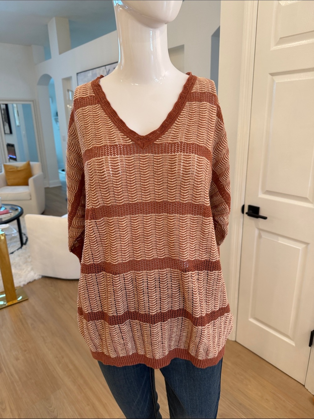 Vintage America V-Neck Striped Sweater in Rust and Cream